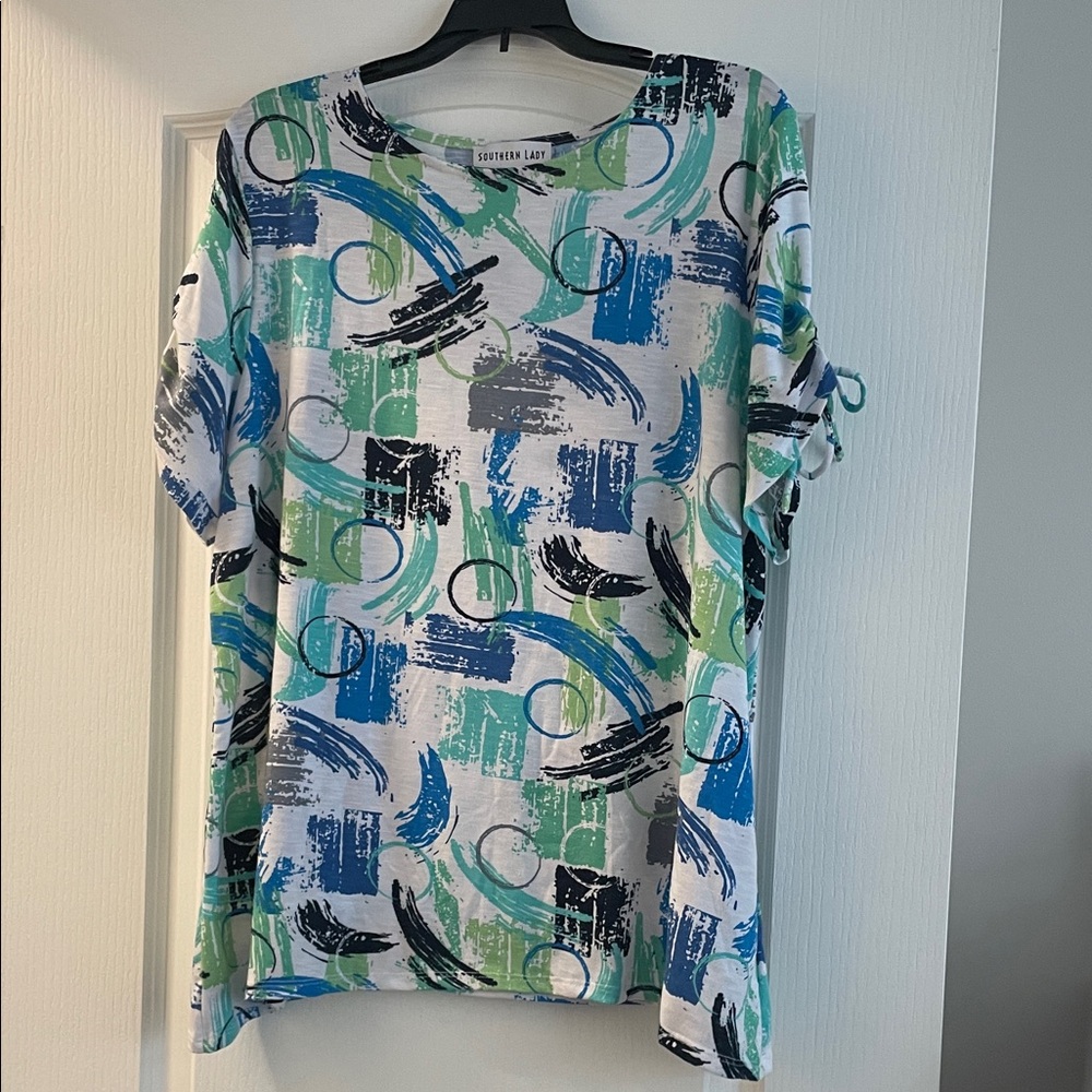 Southern Lady White Tee with Blue, Green & Gray Abstract Print